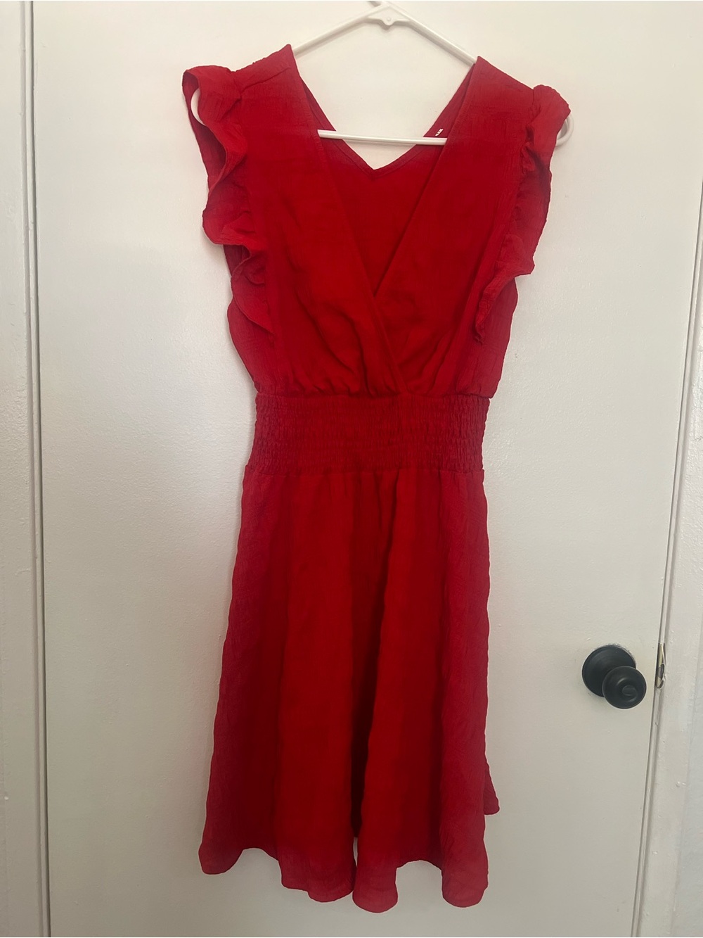 Red V-Neck Ruffle Sleeve Dress
